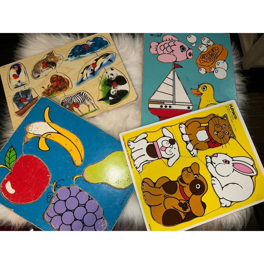 Playskool Vintage Lot of 3 Wooden Tray Animal Fruit Puzzles Yellow Multicolor +